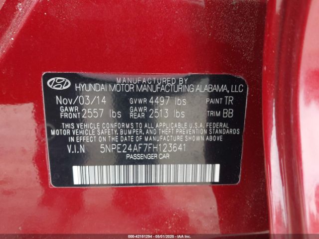 5NPE24AF7FH123641 Hyundai SONATA SE