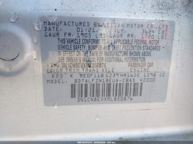3N1CN8EVXML850876 Nissan Versa Sv Xtronic Cvt