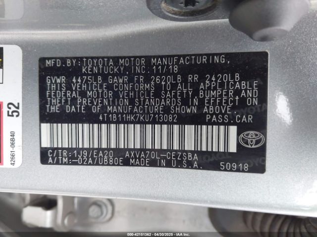 4T1B11HK7KU713082 Toyota CAMRY SE
