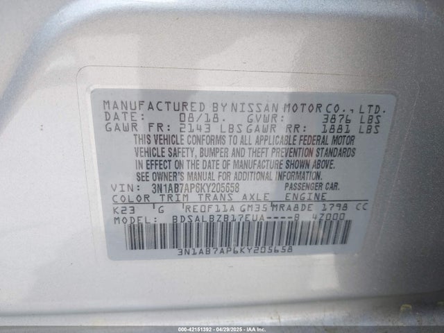 3N1AB7AP6KY205658 Nissan SENTRA S