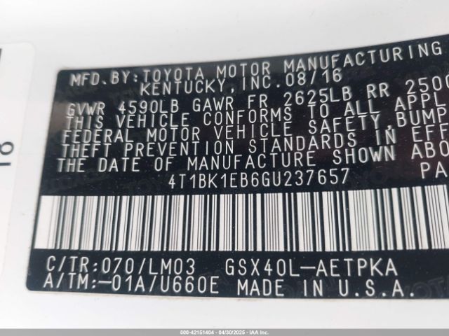 4T1BK1EB6GU237657 Toyota AVALON LIMITED