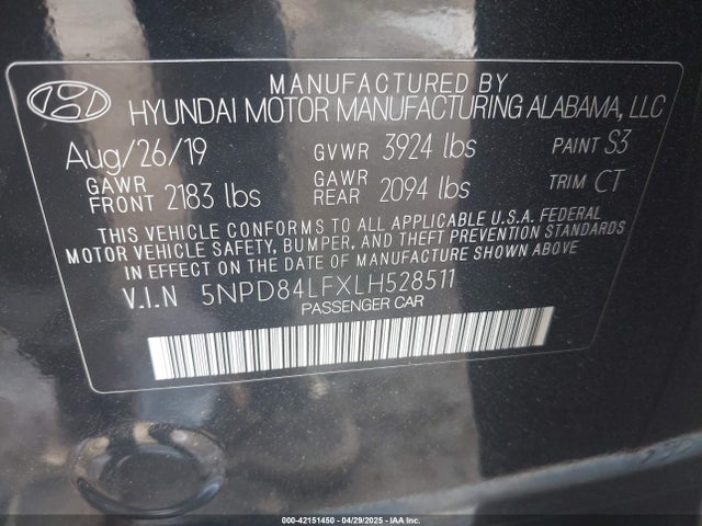 5NPD84LFXLH528511 Hyundai ELANTRA SEL