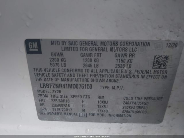 LRBFZNR41MD076150 Buick Envision Fwd Essence