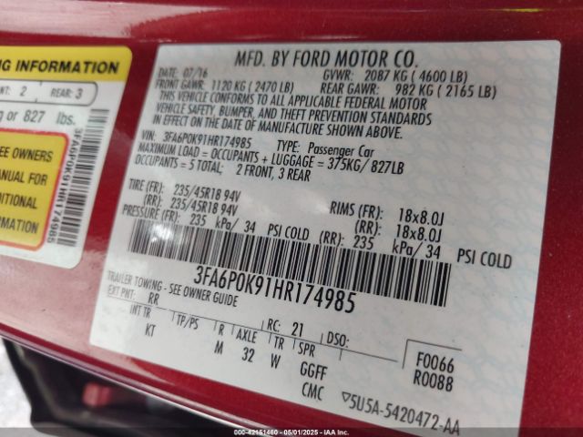 3FA6P0K91HR174985 Ford Fusion Titanium