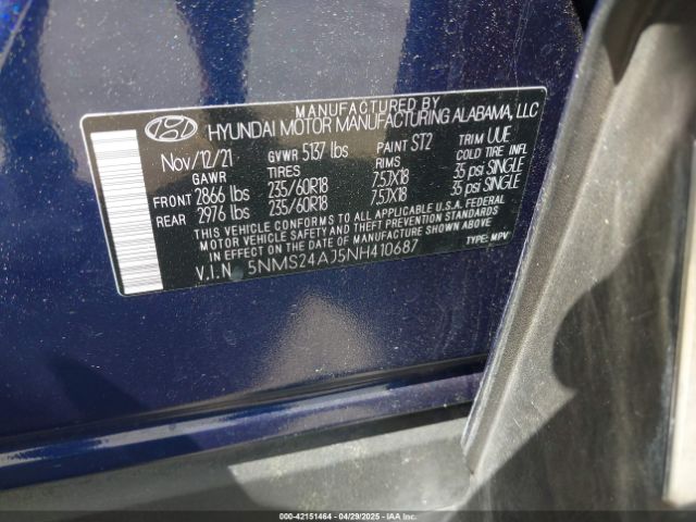 5NMS24AJ5NH410687 Hyundai Santa Fe Sel