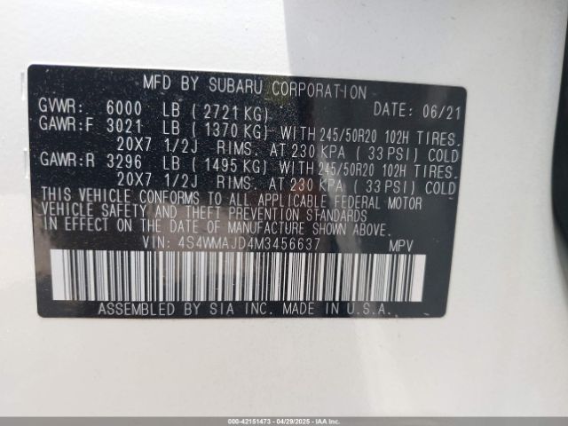 4S4WMAJD4M3456637 Subaru Ascent Limited