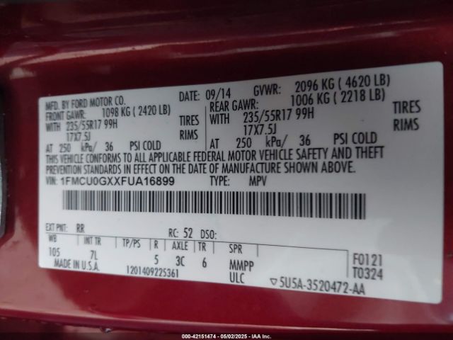 1FMCU0GXXFUA16899 Ford ESCAPE SE