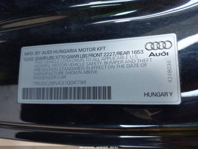 2003 AUDI TT TRUSC28N431004794 Photo 8