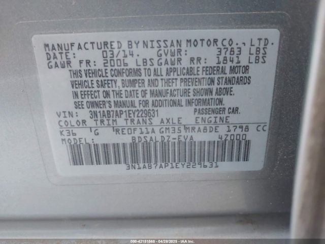 3N1AB7AP1EY229631 Nissan SENTRA SV