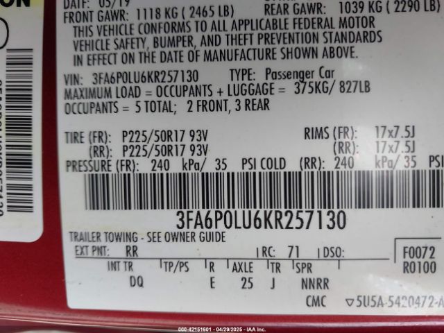 3FA6P0LU6KR257130 Ford Fusion Hybrid Se
