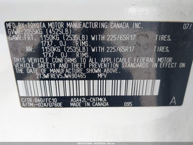 2T3WFREV5JW490465 Toyota Rav4 Xle