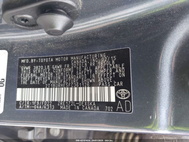 2T1BURHE5FC361126 Toyota 2zr-fe
