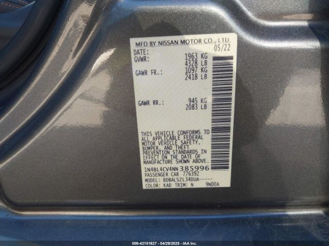 1N4BL4CV4NN385996 Nissan Altima Sr Fwd