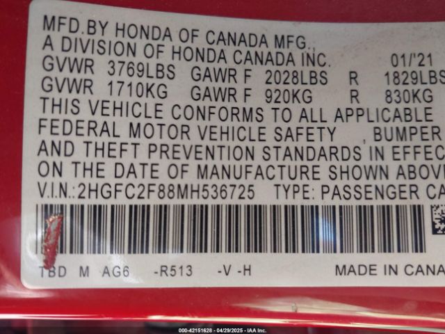 2021 HONDA CIVIC 2HGFC2F88MH536725 Photo 8