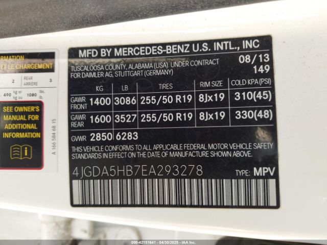 4JGDA5HB7EA293278 Mercedes-Benz Ml 350 4matic