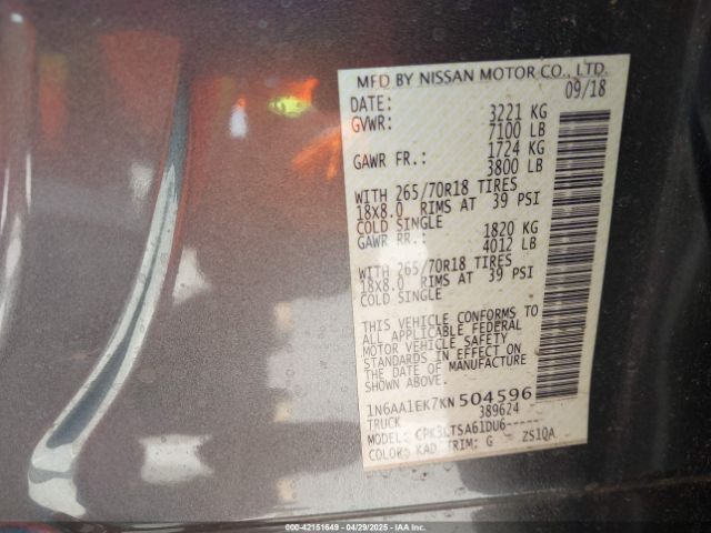 1N6AA1EK7KN504596 Nissan TITAN SV