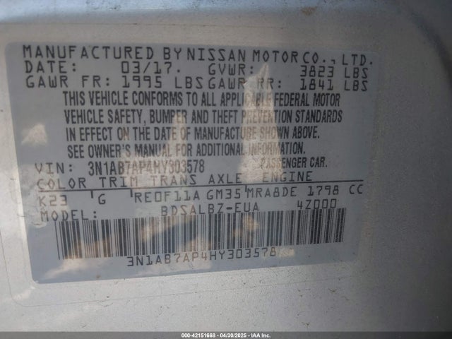 3N1AB7AP4HY303578 Nissan SENTRA S