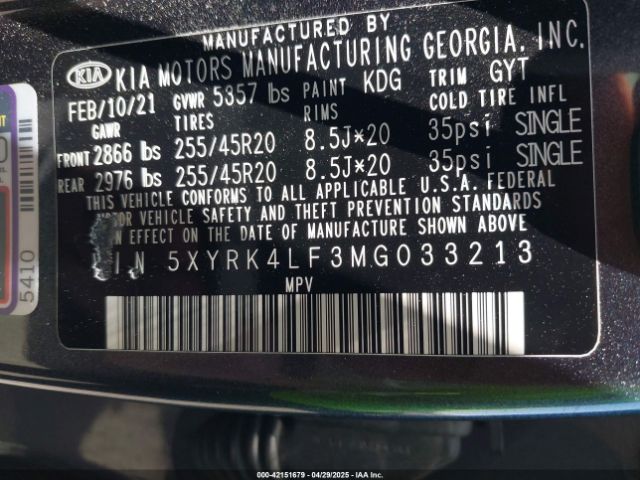 5XYRK4LF3MG033213 KIA Sorento Sx Prestige