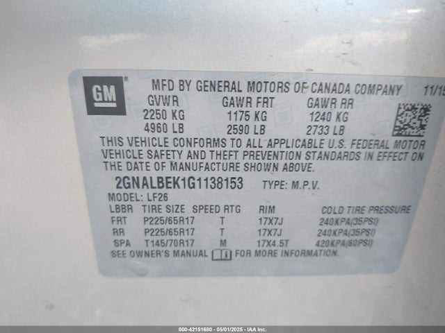 2GNALBEK1G1138153 Chevrolet EQUINOX LS