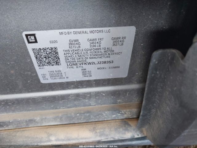 1GNEVFKW2LJ238353 Chevrolet Traverse Awd Ls