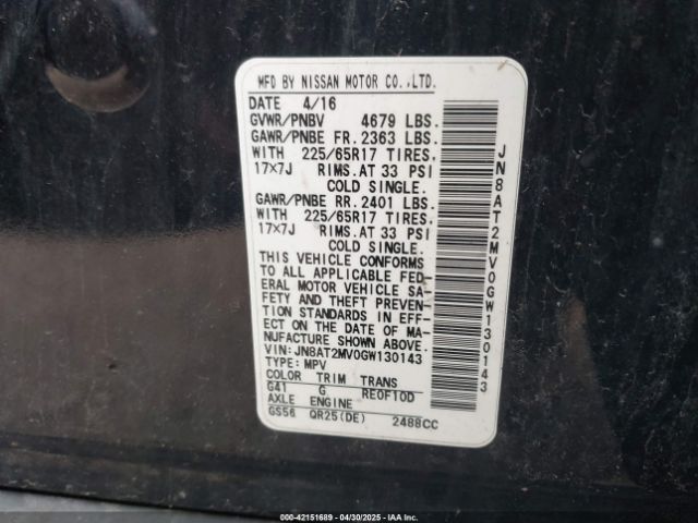 JN8AT2MV0GW130143 Nissan ROGUE S
