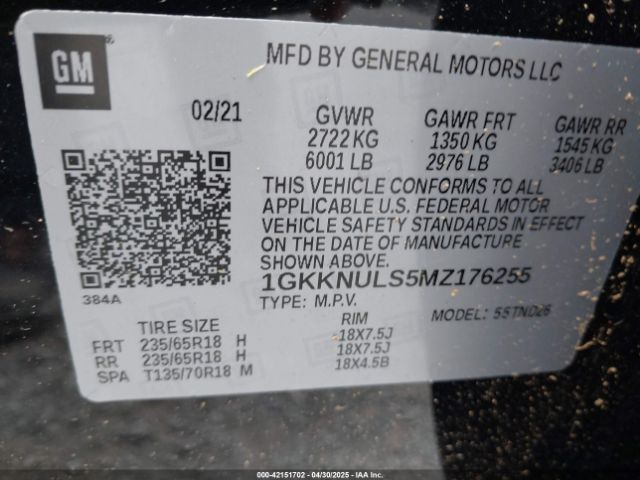1GKKNULS5MZ176255 GMC Acadia Awd Slt