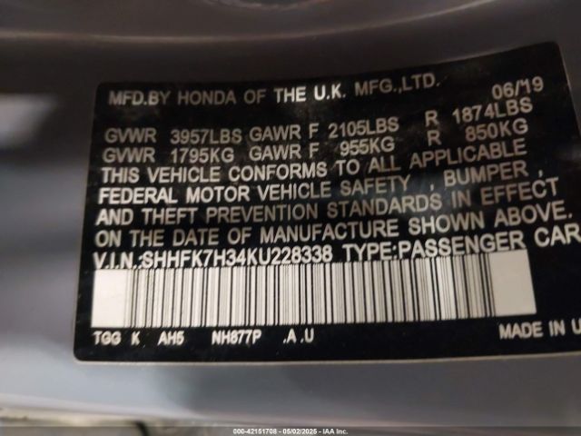 2019 HONDA CIVIC SHHFK7H34KU228338 Photo 8