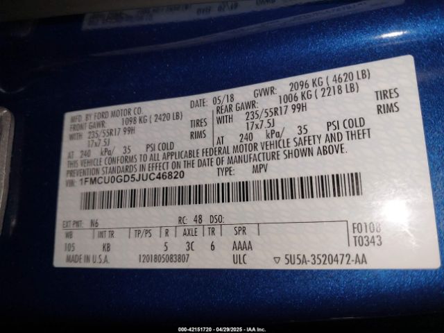 1FMCU0GD5JUC46820 Ford ESCAPE SE