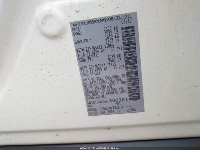 5N1AT2MV0HC800381 Nissan ROGUE S