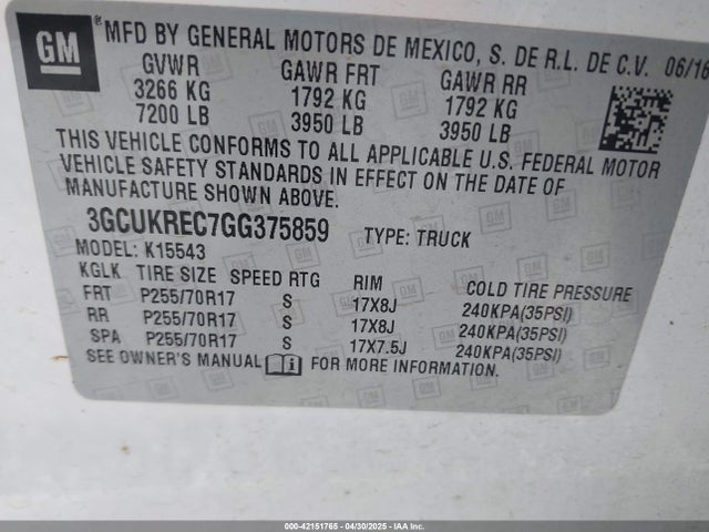 3GCUKREC7GG375859 Chevrolet Silverado K1500 Lt