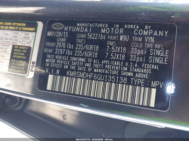 KM8SMDHF6GU135138 Hyundai Santa Fe Se