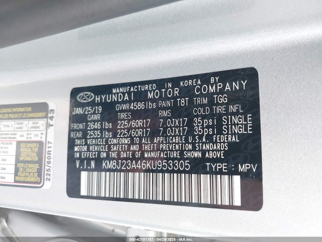 KM8J23A46KU953305 Hyundai TUCSON SE