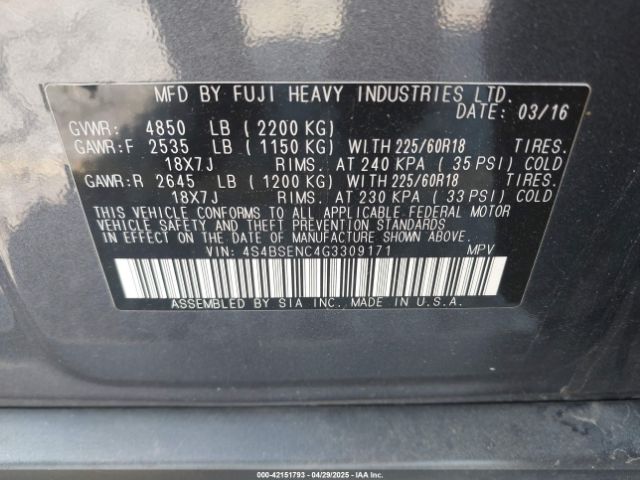 4S4BSENC4G3309171 Subaru Outback 3.6r Limited