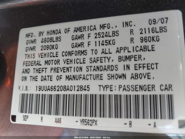 2008 ACURA TL 19UUA66208A012845 Photo 8