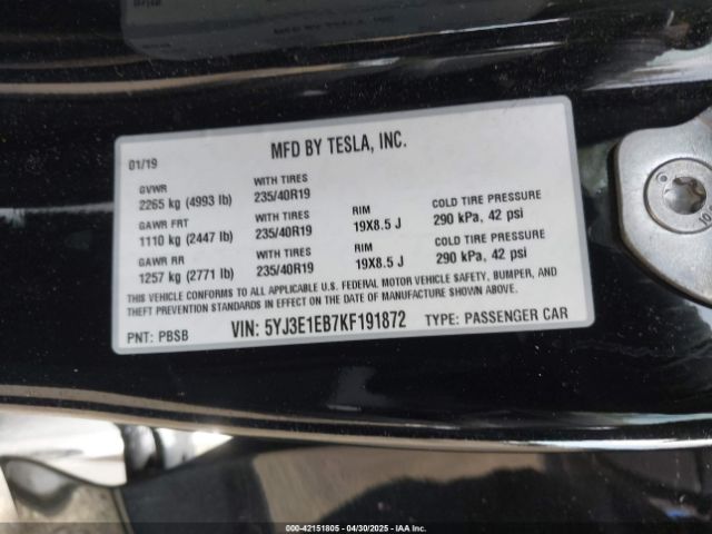 5YJ3E1EB7KF191872 Tesla Model 3 Long Range/performance