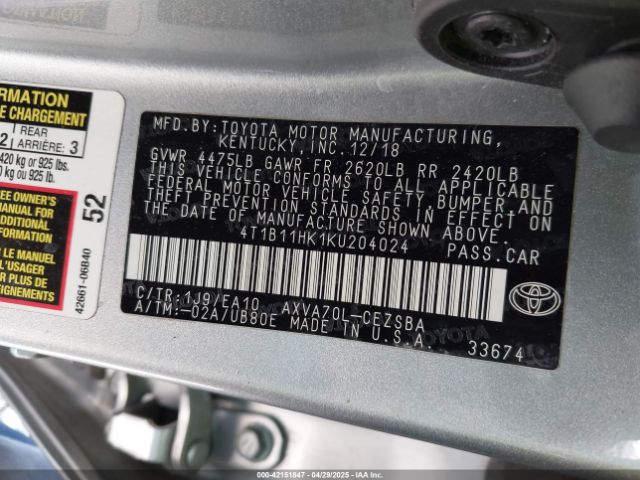 4T1B11HK1KU204024 Toyota CAMRY SE