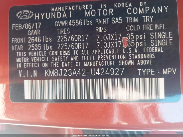 KM8J23A42HU424927 Hyundai TUCSON SE