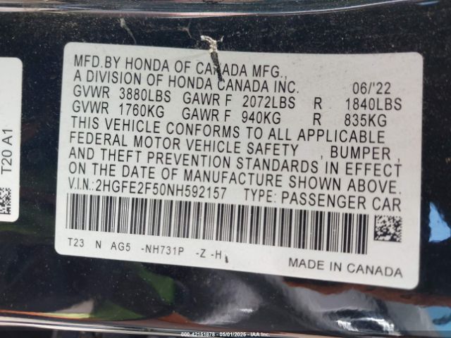 2HGFE2F50NH592157 Honda Civic Sport