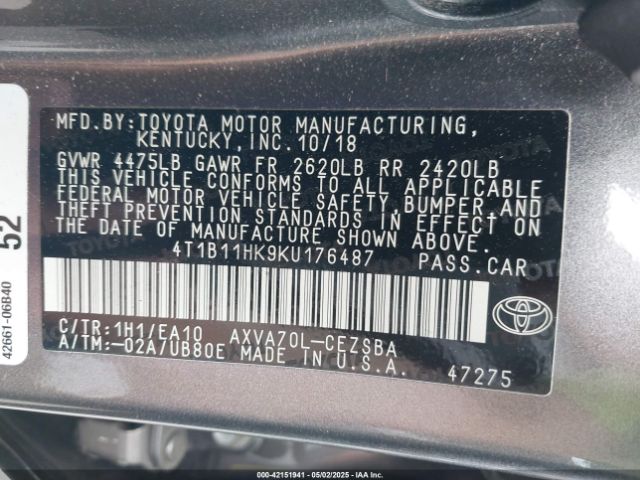 4T1B11HK9KU176487 Toyota CAMRY SE