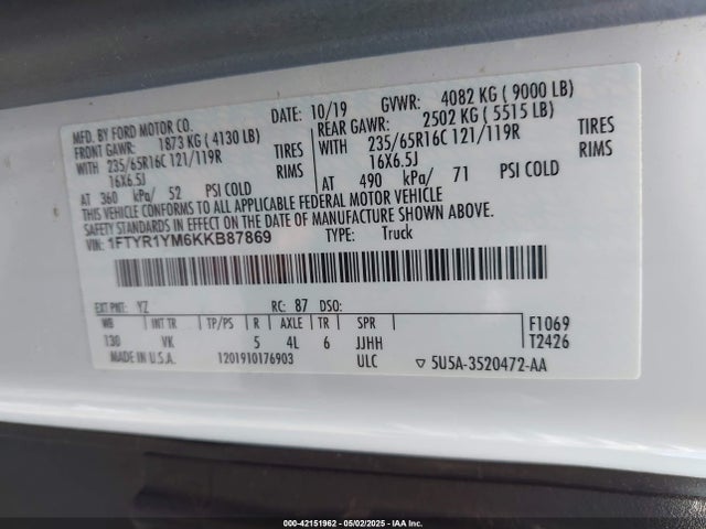 42151962 :رقم المزاد ، 1FTYR1YM6KKB87869 vin ، 2019 Ford Transit-250 مزاد بيع
