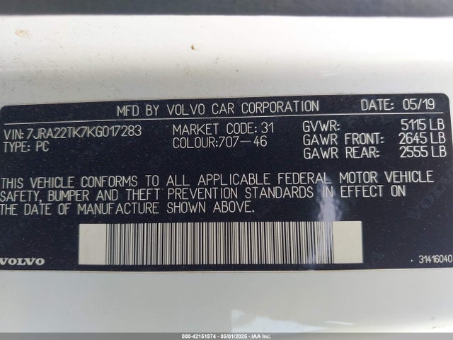 7JRA22TK7KG017283 Volvo S60 T6 Momentum