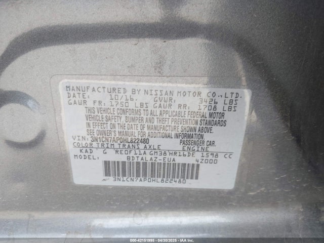 3N1CN7AP0HL822480 Nissan Versa