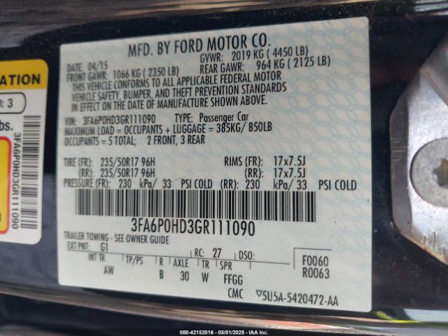 3FA6P0HD3GR111090 Ford FUSION SE