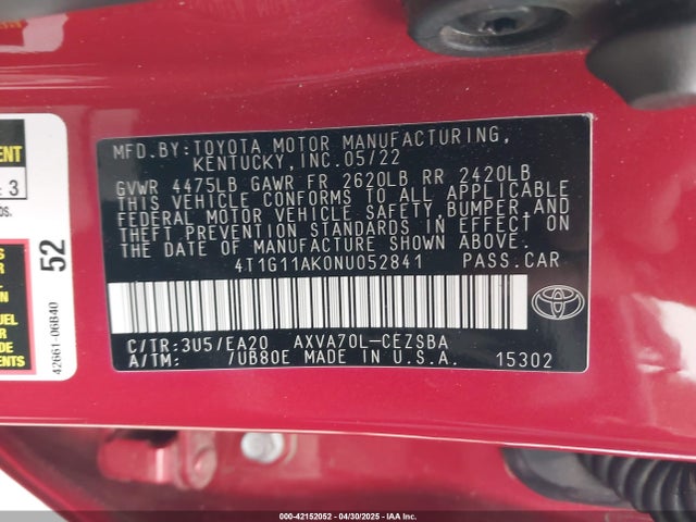 4T1G11AK0NU052841 Toyota CAMRY SE