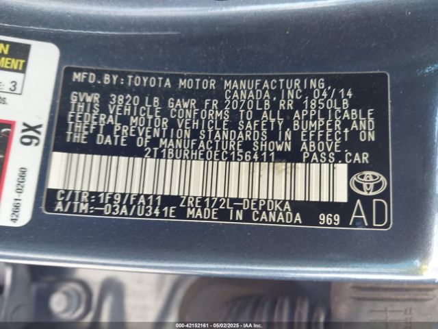 2T1BURHE0EC156411 Toyota COROLLA L