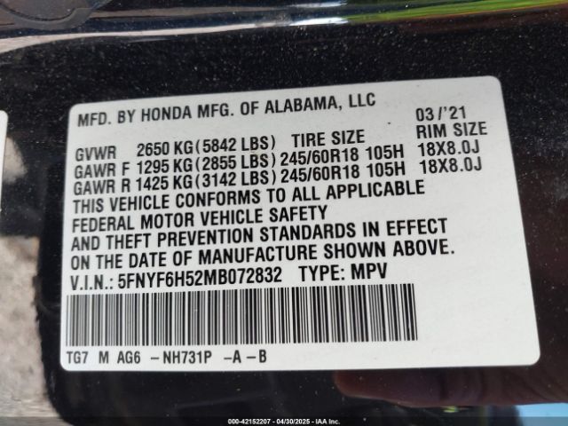 5FNYF6H52MB072832 Honda j35y6