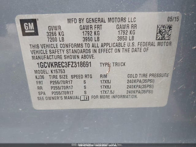 1GCVKREC3FZ318691 Chevrolet Silverado 1500 1lt