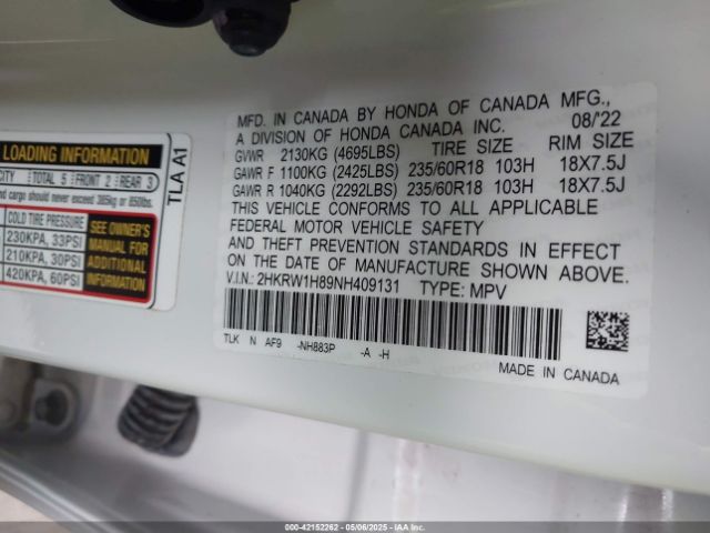2HKRW1H89NH409131 Honda Cr-v 2wd Ex-l