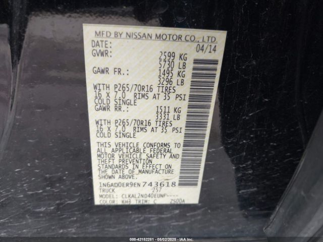 1N6AD0ER9EN743618 Nissan Frontier Sv