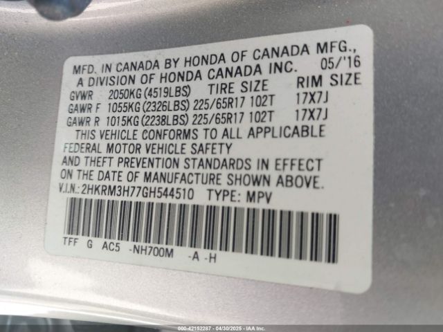 2HKRM3H77GH544510 Honda Cr-v Ex-l